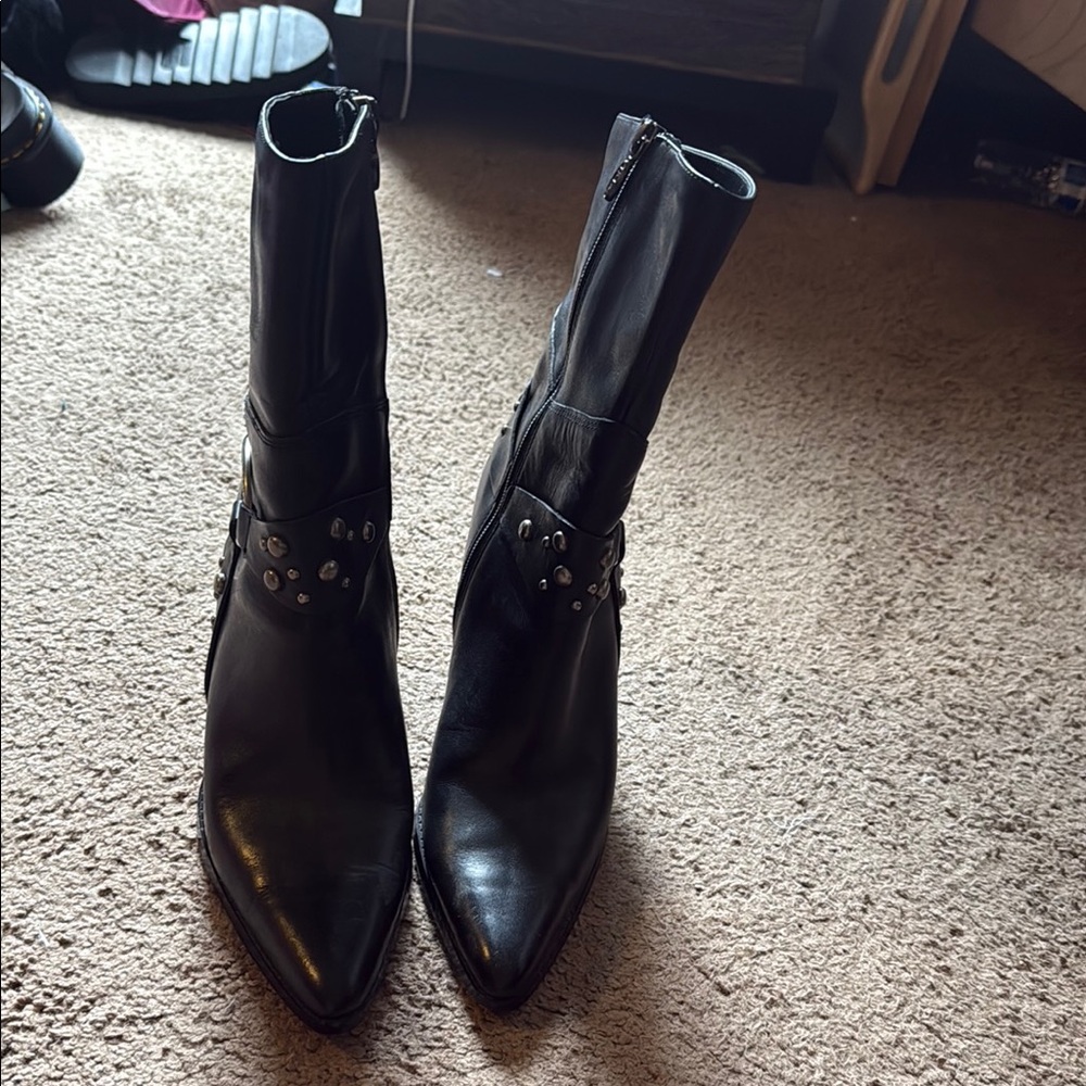 Black Harley Leather Heeled Ankle Boots with Buckle Details